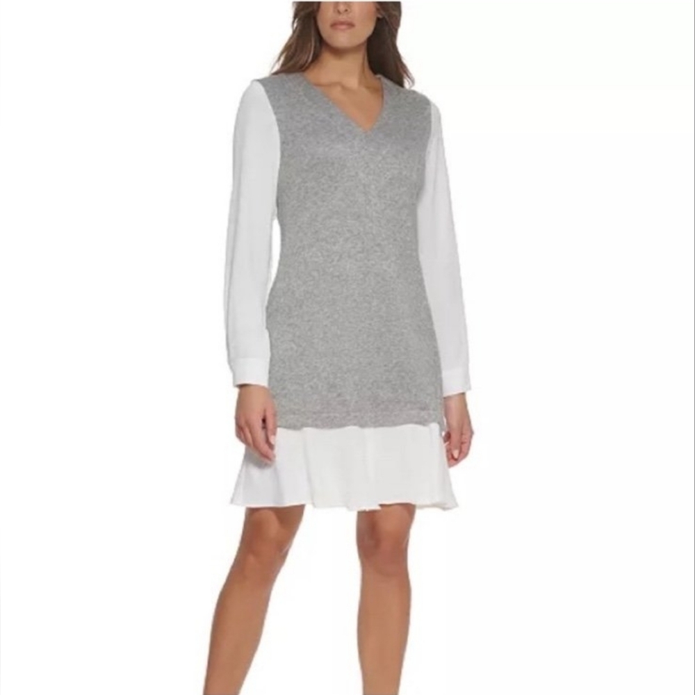 DKNY Heather Grey Cream Contrast V-Neck Faux Layer Vest Long Sleeve Dress M NWT